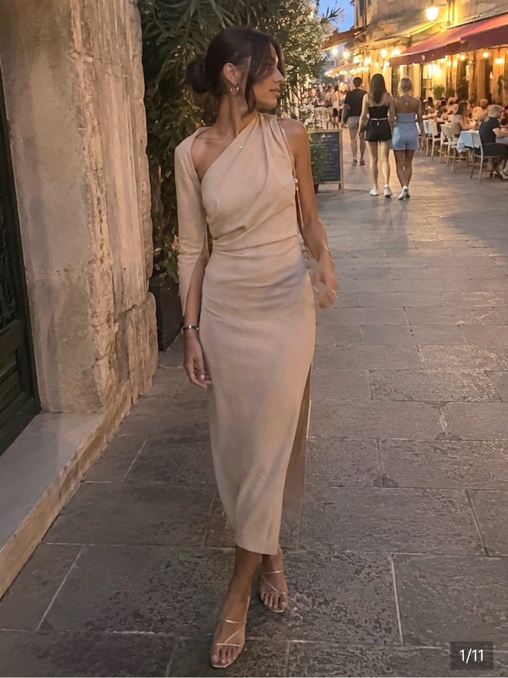 Mango Asymmetric One-Sleeve Midi Dress Beige Size XS
